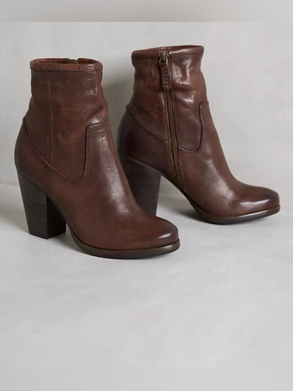 Frye Women's Dark Brown Leather Block Heel Zip Ankle Boots